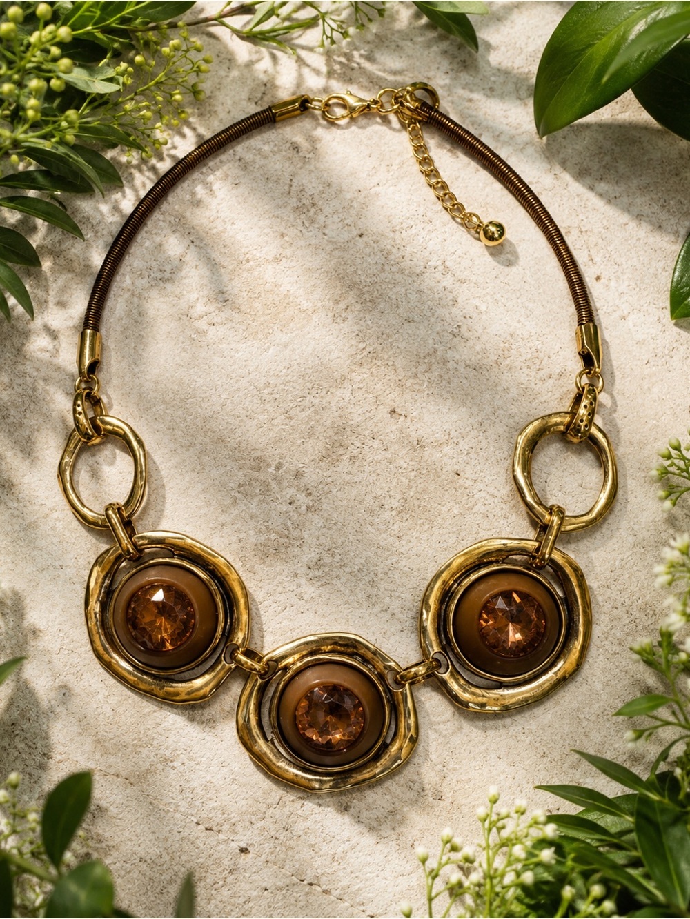 Gold-Tone Necklace with Brown Crystal Accents
